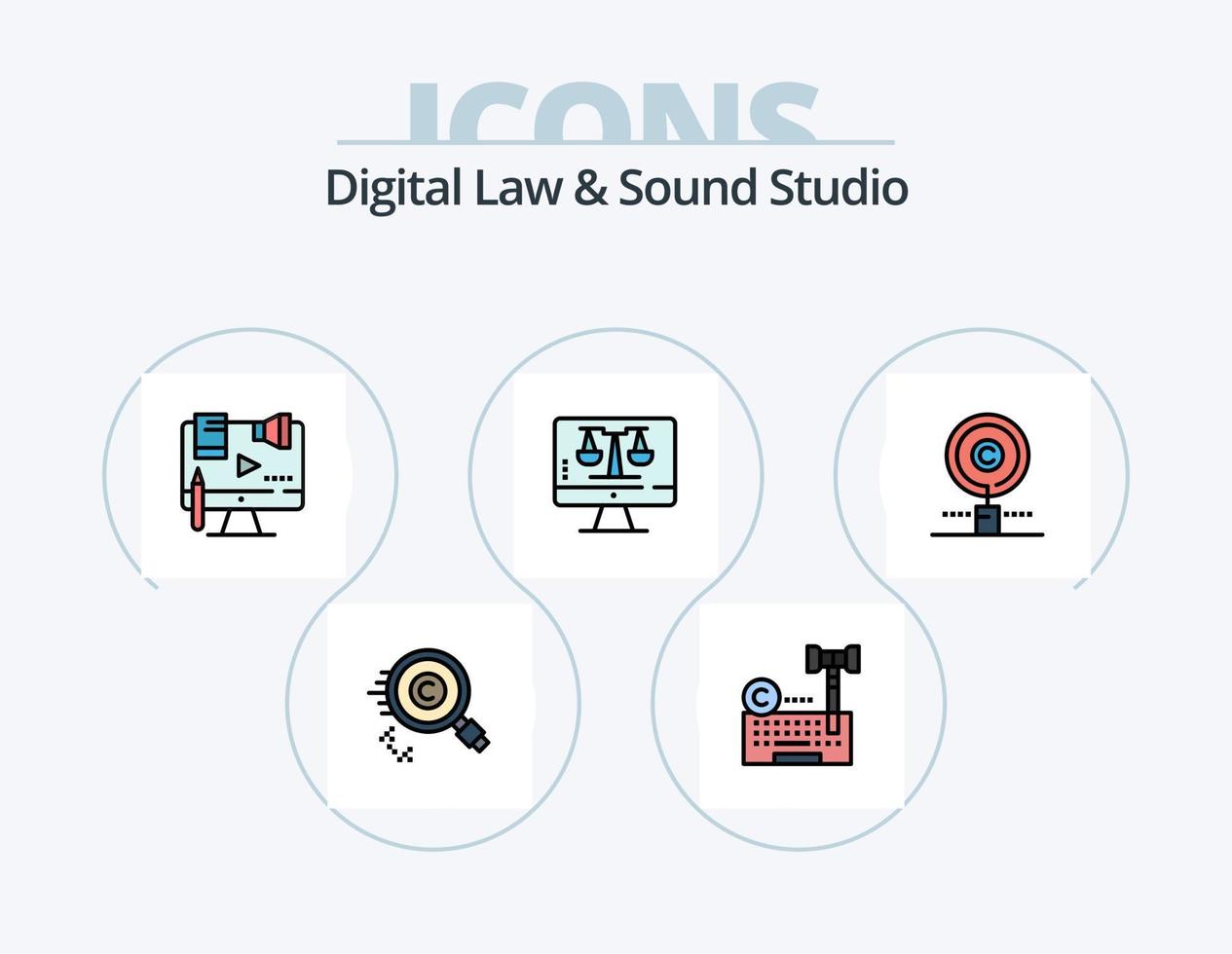 ley digital y línea de estudio de sonido llena de iconos paquete 5 diseño de iconos. digital. negocio. juicio. patentar. defensa vector