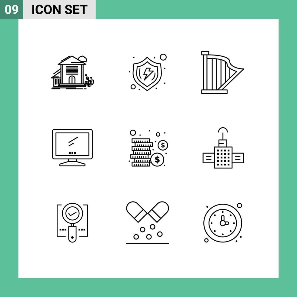 Modern Set of 9 Outlines Pictograph of device computer shield sound instrument Editable Vector Design Elements