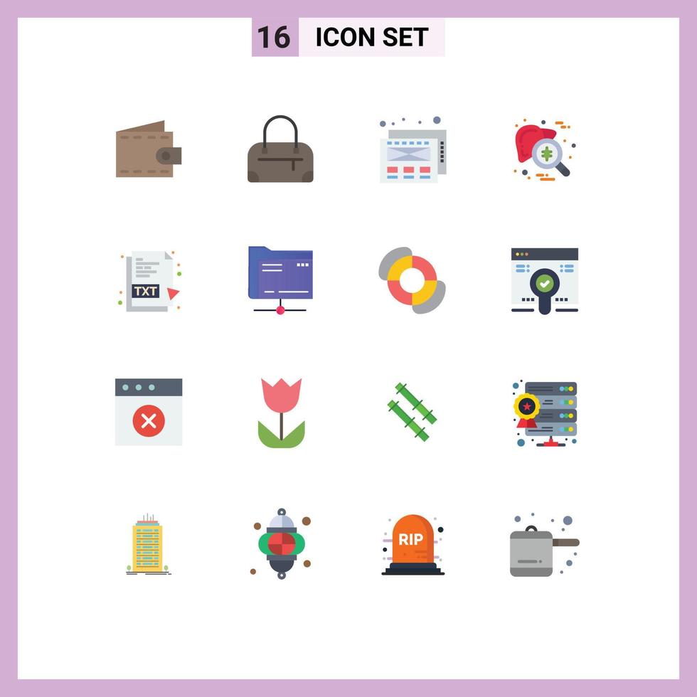 Pack of 16 Modern Flat Colors Signs and Symbols for Web Print Media such as folder document checkup txt file virus Editable Pack of Creative Vector Design Elements