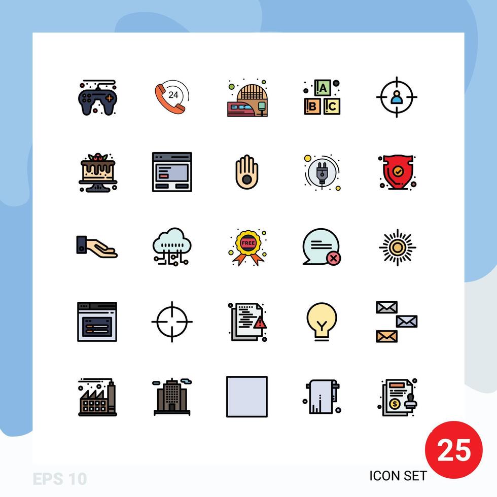 paquete de 25 modernos signos y símbolos de colores planos de línea rellena para medios de impresión web, como elementos de diseño de vectores editables para bebés de negocios eléctricos humanos objetivo