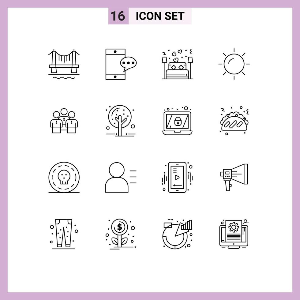 Group of 16 Modern Outlines Set for group friends couple sun beach Editable Vector Design Elements