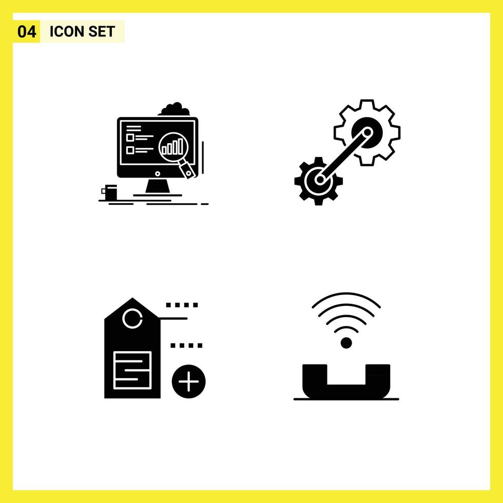4 Universal Solid Glyphs Set for Web and Mobile Applications analytics add laptop cogwheel tag Editable Vector Design Elements
