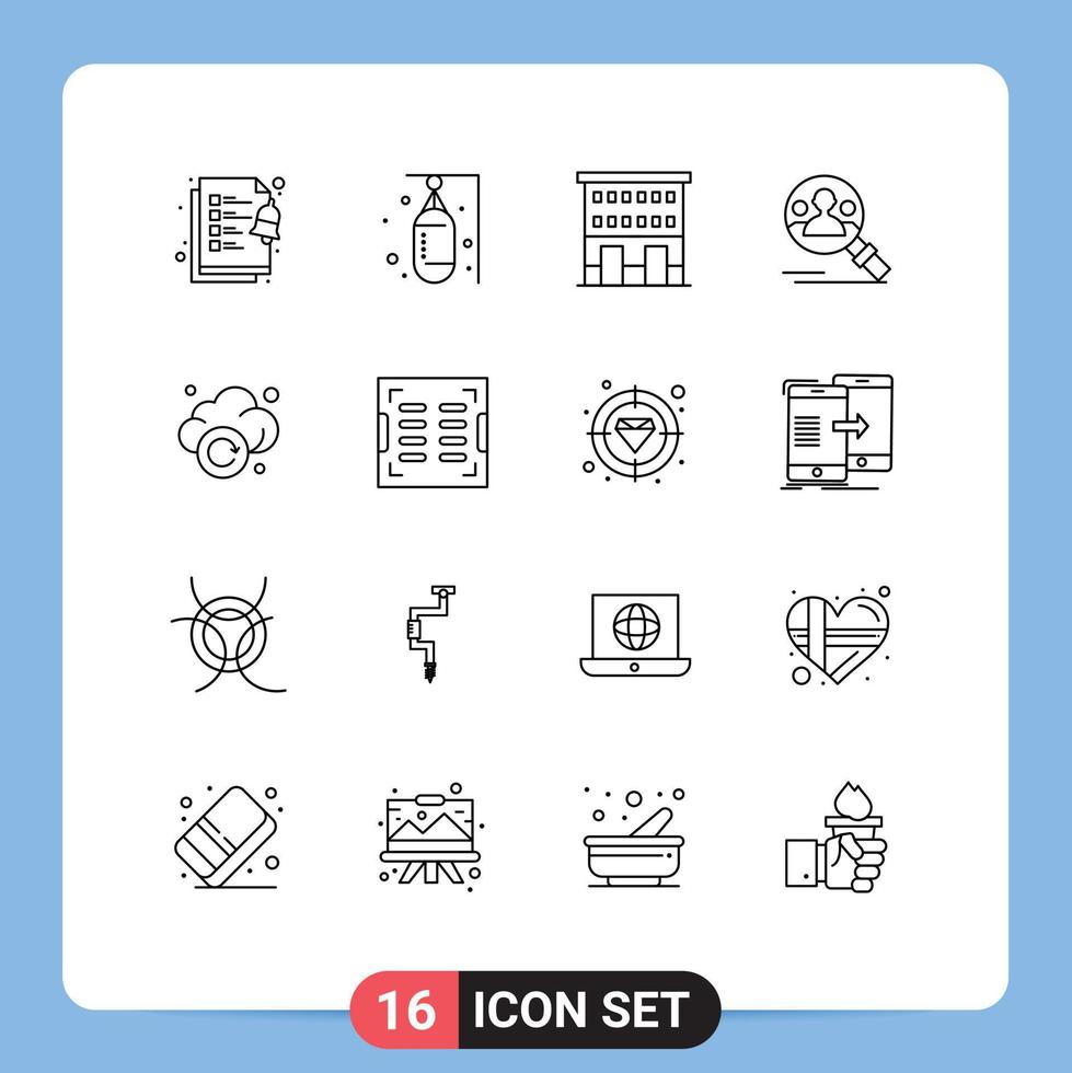 16 User Interface Outline Pack of modern Signs and Symbols of cloud search buildings profile shops Editable Vector Design Elements