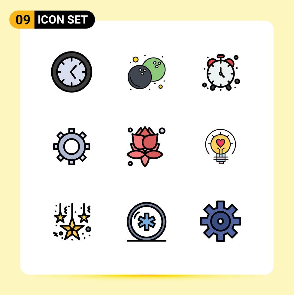 Universal Icon Symbols Group of 9 Modern Filledline Flat Colors of light bulb timepiece spa leaves Editable Vector Design Elements