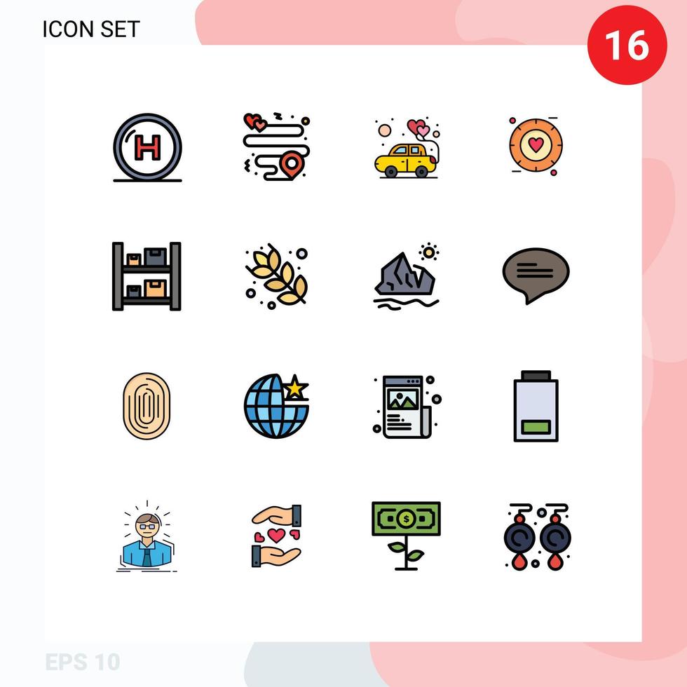 Mobile Interface Flat Color Filled Line Set of 16 Pictograms of boxes wedding car valentine love Editable Creative Vector Design Elements