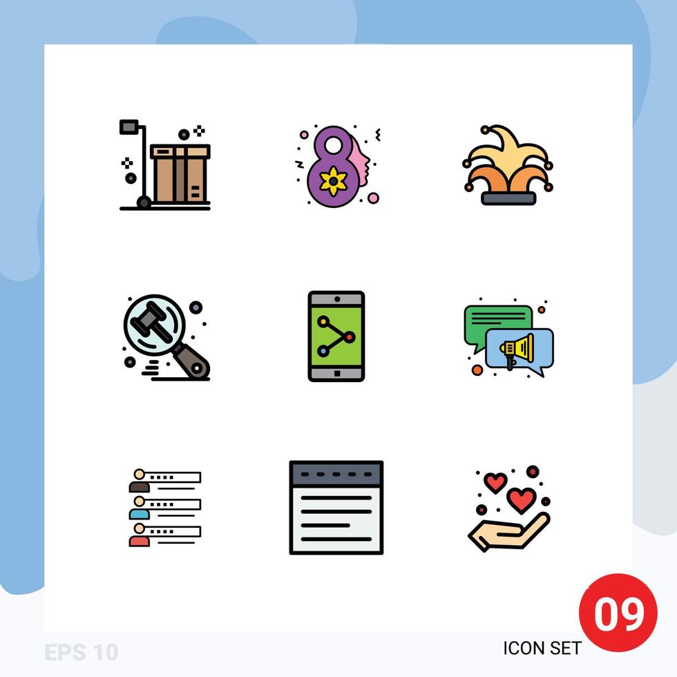 9 Thematic Vector Filledline Flat Colors and Editable Symbols of mobile judge best hammer search Editable Vector Design Elements