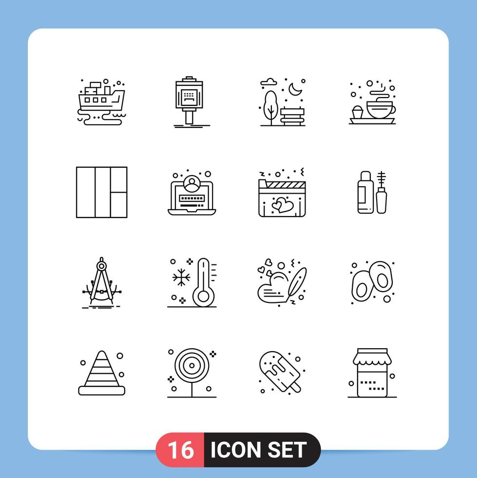 Outline Pack of 16 Universal Symbols of development grid valley tea breakfast Editable Vector Design Elements