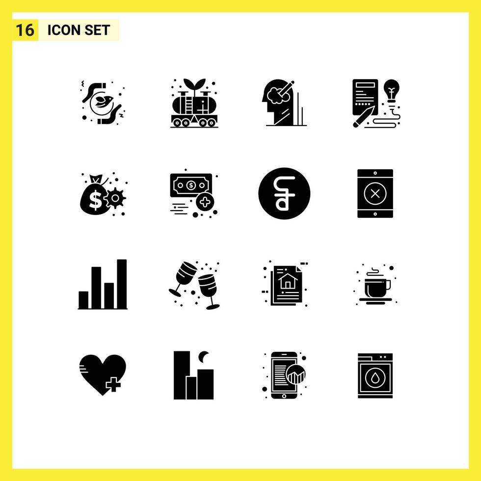 conjunto de pictogramas de 16 glifos sólidos simples de elementos de diseño de vectores editables por el usuario de la solución de poder del libro creativo