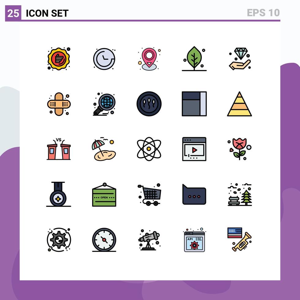 25 Thematic Vector Filled line Flat Colors and Editable Symbols of diamond nature navigation leaf place Editable Vector Design Elements