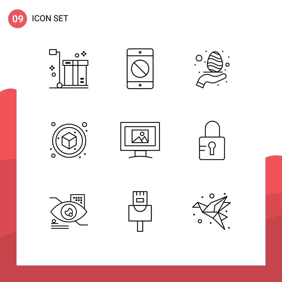 Group of 9 Modern Outlines Set for monitor cube error box nature Editable Vector Design Elements