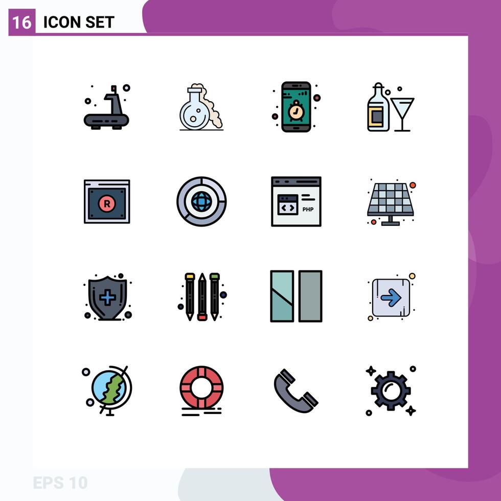 Set of 16 Vector Flat Color Filled Lines on Grid for business bottle app drink stop Editable Creative Vector Design Elements