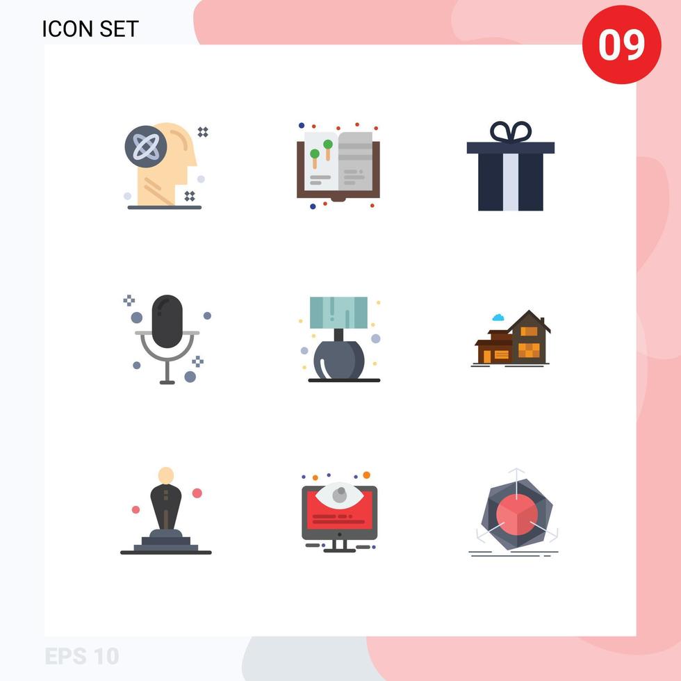 Mobile Interface Flat Color Set of 9 Pictograms of living record painting book microphone audio Editable Vector Design Elements