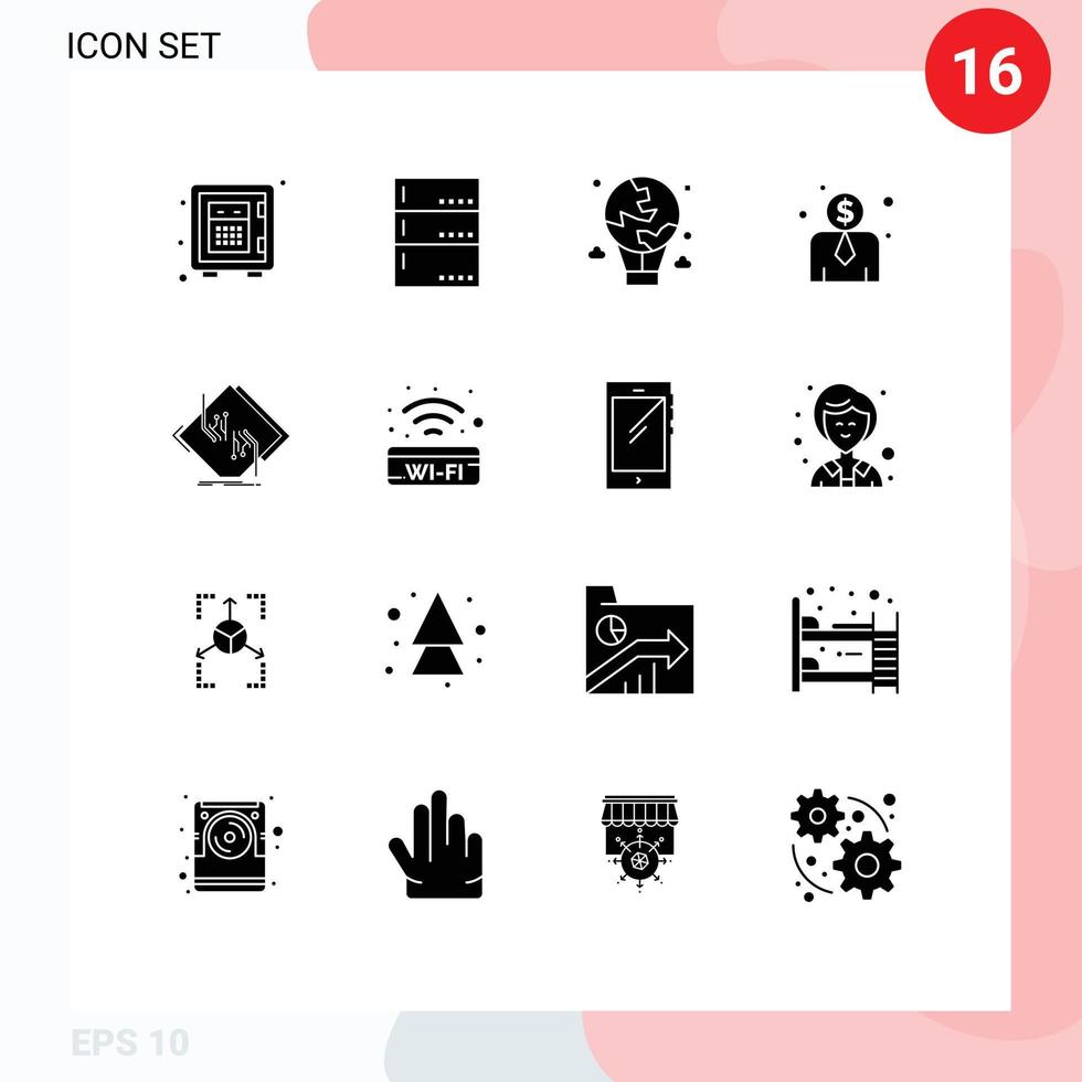 paquete de 16 signos y símbolos de glifos sólidos modernos para medios de impresión web, como elementos de diseño de vectores editables internacionales de salario de empleado aéreo de placa de circuito