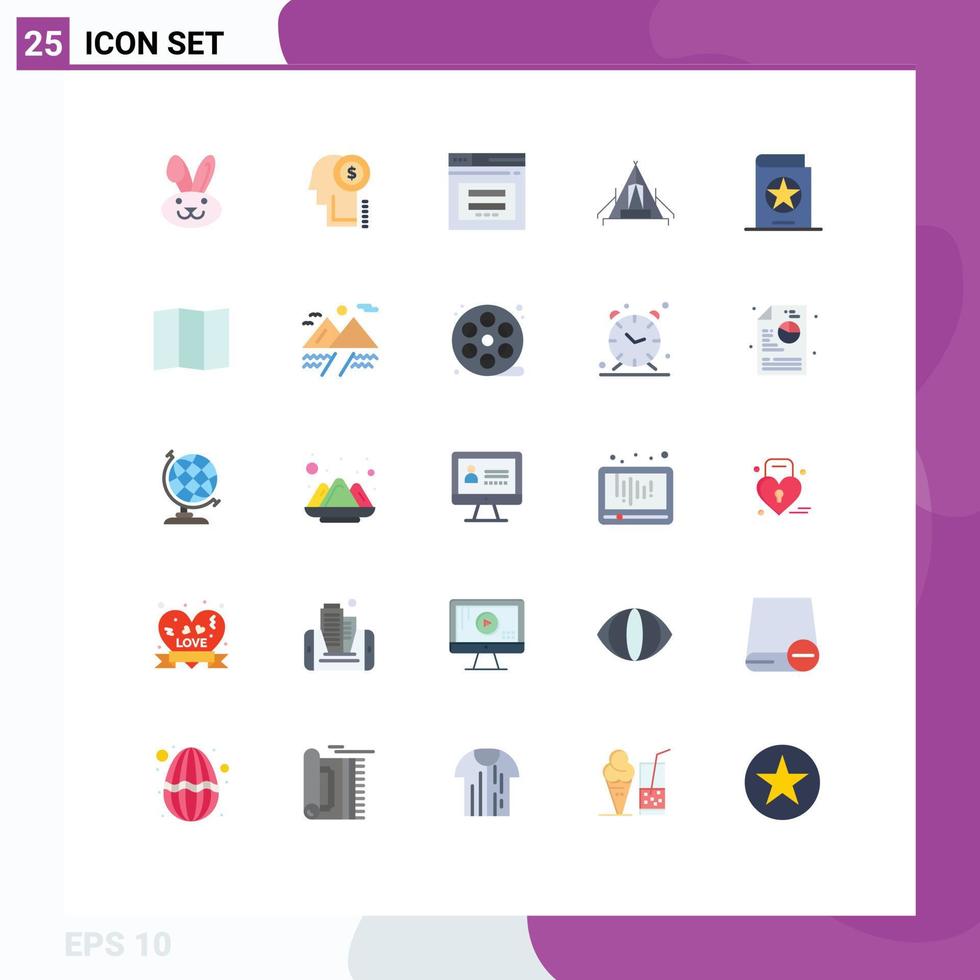 paquete de 25 signos y símbolos modernos de colores planos para medios de impresión web, como elementos de diseño de vectores editables de tiendas de campaña seguras para campamentos de libros