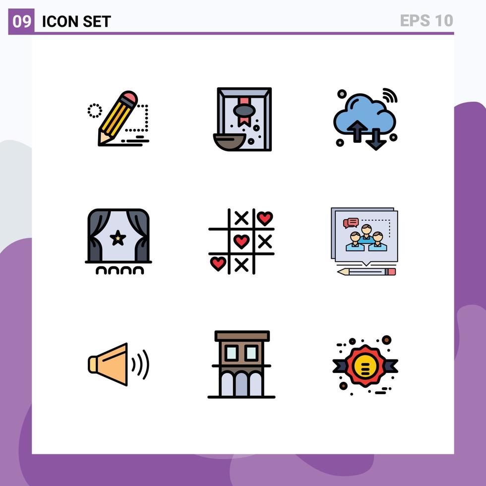 User Interface Pack of 9 Basic Filledline Flat Colors of film cinema rice audience iot Editable Vector Design Elements
