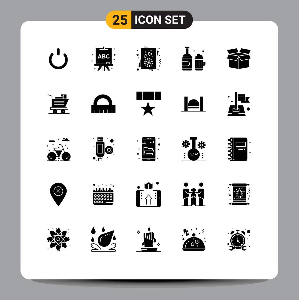 Universal Icon Symbols Group of 25 Modern Solid Glyphs of cart cargo love box cup Editable Vector Design Elements