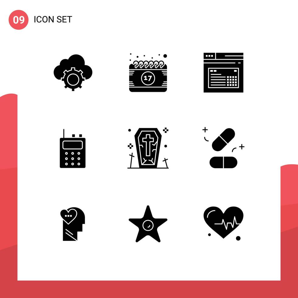 Set of 9 Commercial Solid Glyphs pack for walkie talkie communication festival text web Editable Vector Design Elements
