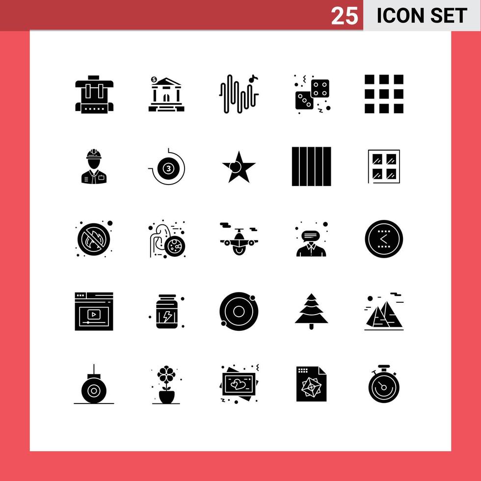 Mobile Interface Solid Glyph Set of 25 Pictograms of worker grid sine play game Editable Vector Design Elements