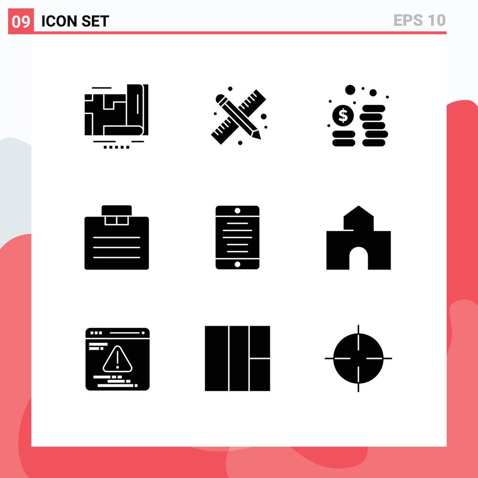 Pack of 9 creative Solid Glyphs of smartphone interface cash suitcase business Editable Vector Design Elements