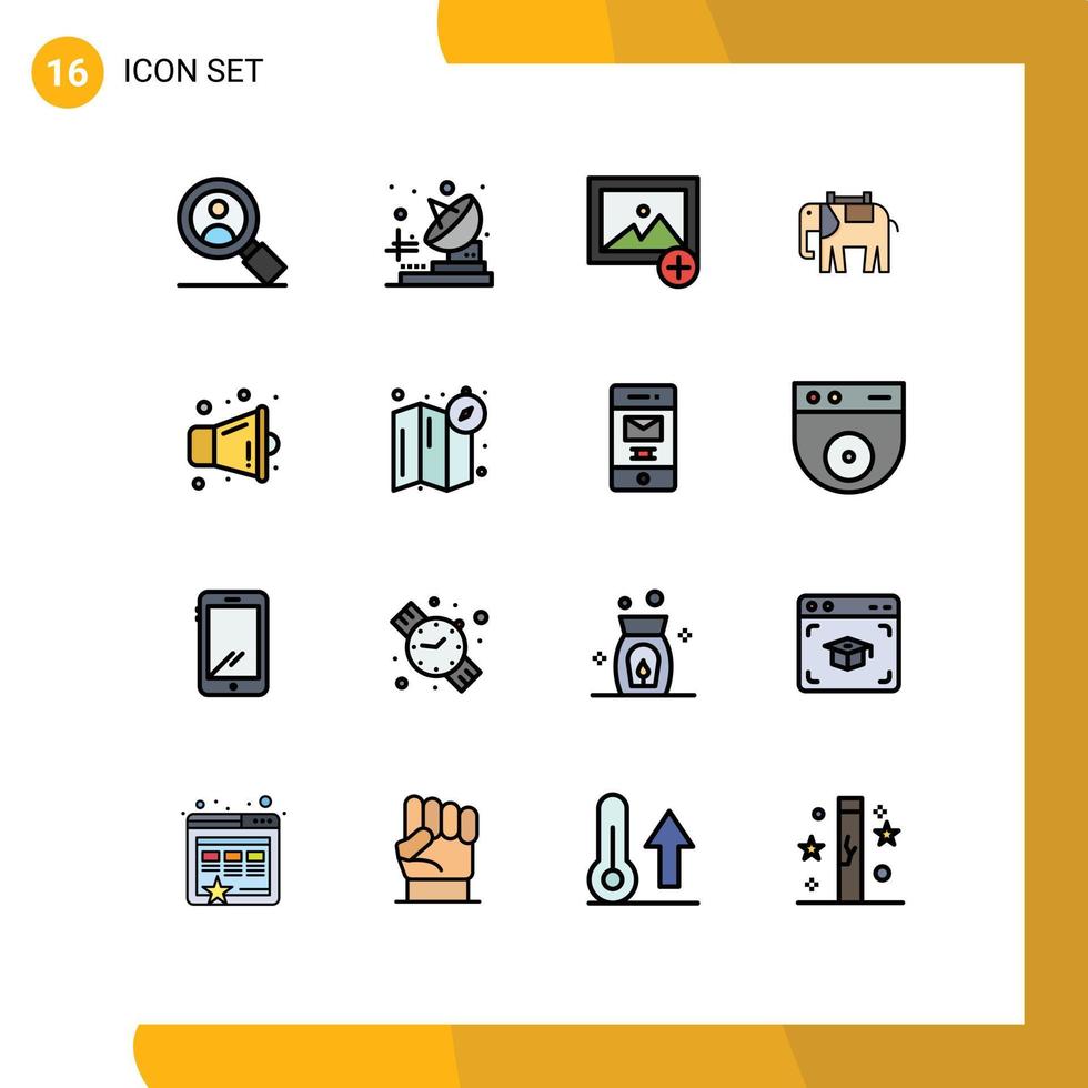 Modern Set of 16 Flat Color Filled Lines Pictograph of location speaker photo multimedia indian Editable Creative Vector Design Elements