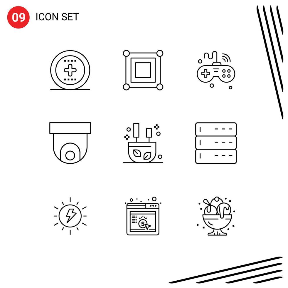 Mobile Interface Outline Set of 9 Pictograms of burning security camera games cctv wifi Editable Vector Design Elements