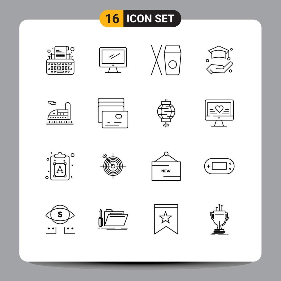 Set of 16 Modern UI Icons Symbols Signs for tunnel train pc life education Editable Vector Design Elements