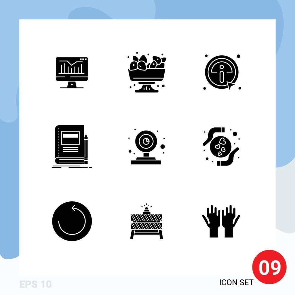 Mobile Interface Solid Glyph Set of 9 Pictograms of camera notebook click education book Editable Vector Design Elements