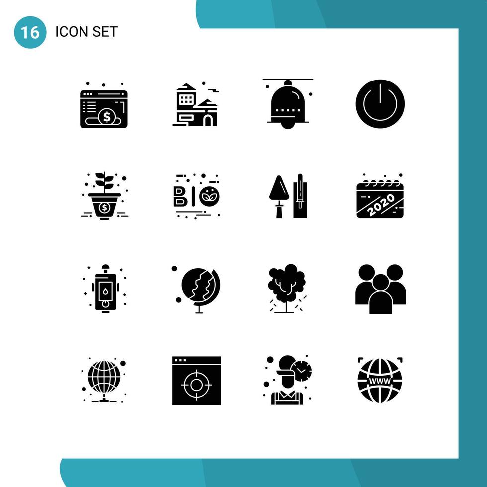 Set of 16 Commercial Solid Glyphs pack for ui on alarm off ring Editable Vector Design Elements