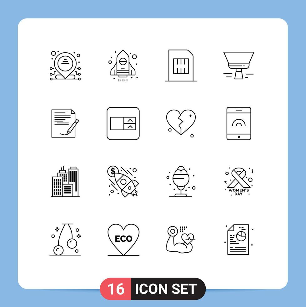 Group of 16 Outlines Signs and Symbols for document agreement devices tool paint Editable Vector Design Elements