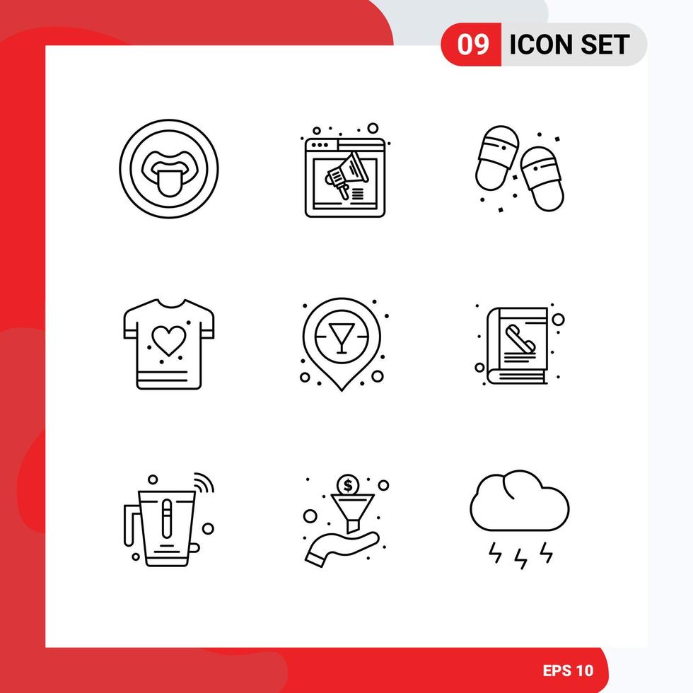 Outline Pack of 9 Universal Symbols of liquor love webpage shrit slippers Editable Vector Design Elements