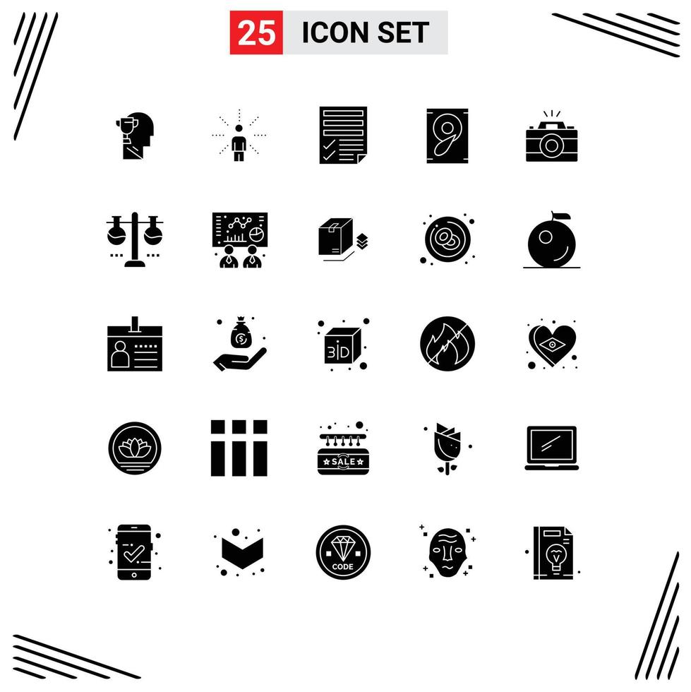 Set of 25 Commercial Solid Glyphs pack for camera sound sense music paper Editable Vector Design Elements