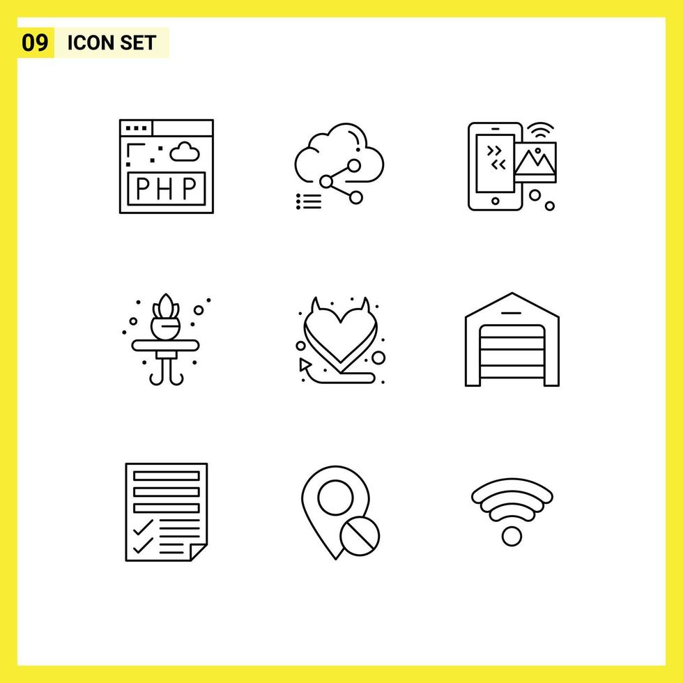 Group of 9 Outlines Signs and Symbols for heart shelf image living wifi Editable Vector Design Elements