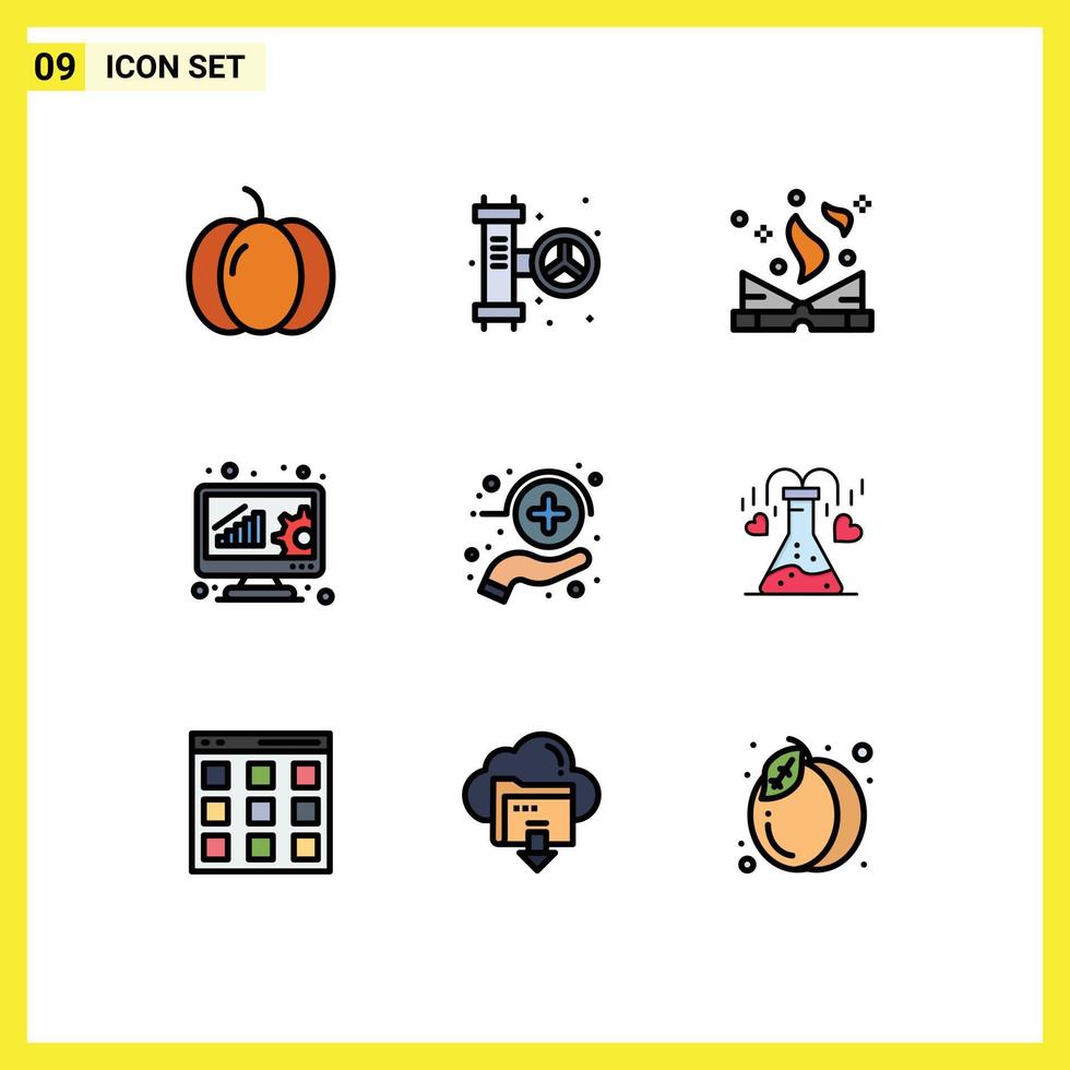 9 User Interface Filledline Flat Color Pack of modern Signs and Symbols of health online evaluation book data management analysis Editable Vector Design Elements
