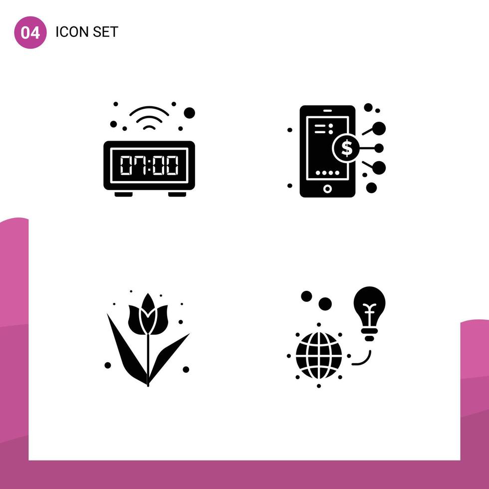 Set of 4 Commercial Solid Glyphs pack for clock easter watch smartphone plant Editable Vector Design Elements