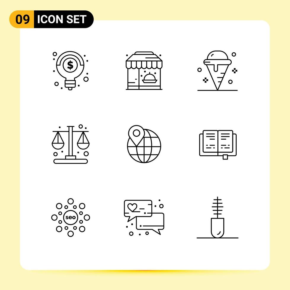 User Interface Pack of 9 Basic Outlines of location balance dessert time business Editable Vector Design Elements