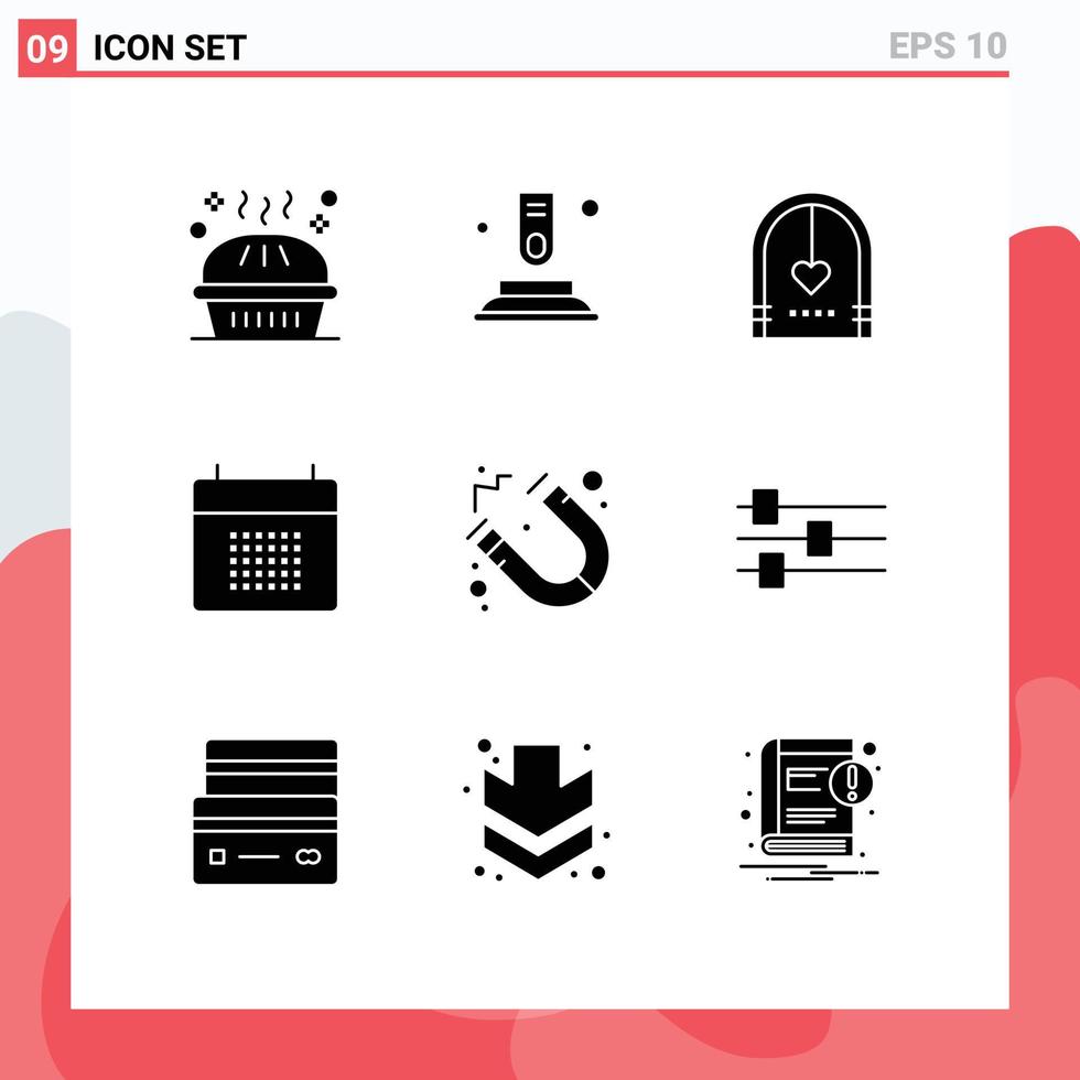 9 Thematic Vector Solid Glyphs and Editable Symbols of event calendar start appointment marriage Editable Vector Design Elements