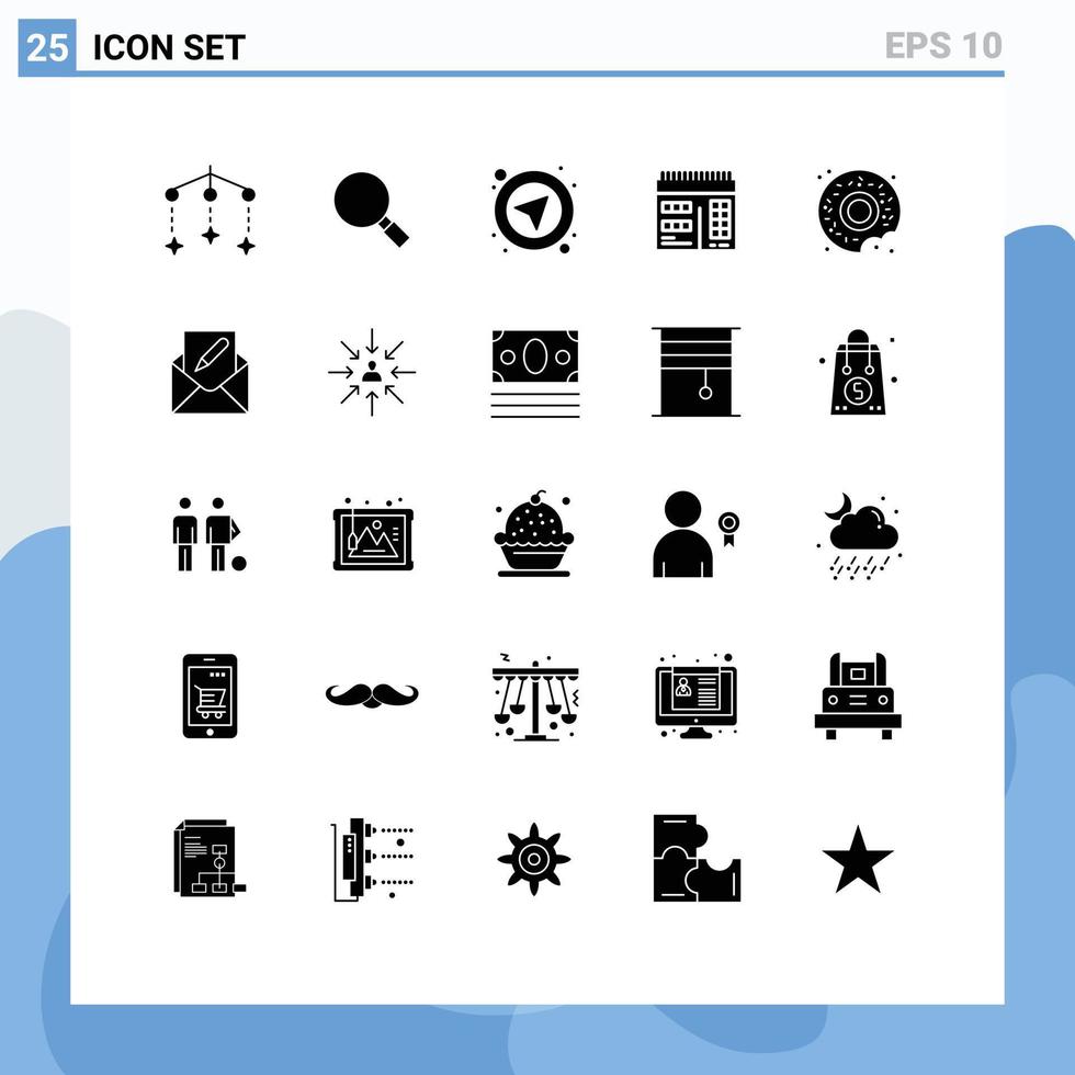 Set of 25 Vector Solid Glyphs on Grid for compose food navigation donut calendar Editable Vector Design Elements