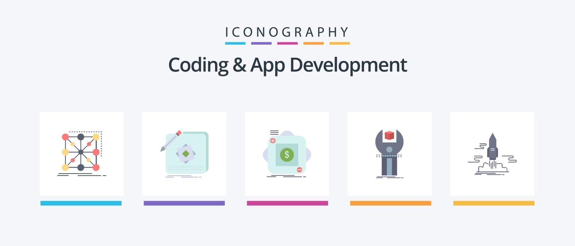 Coding And App Development Flat 5 Icon Pack Including development. sdk. application. mobile. app. Creative Icons Design vector