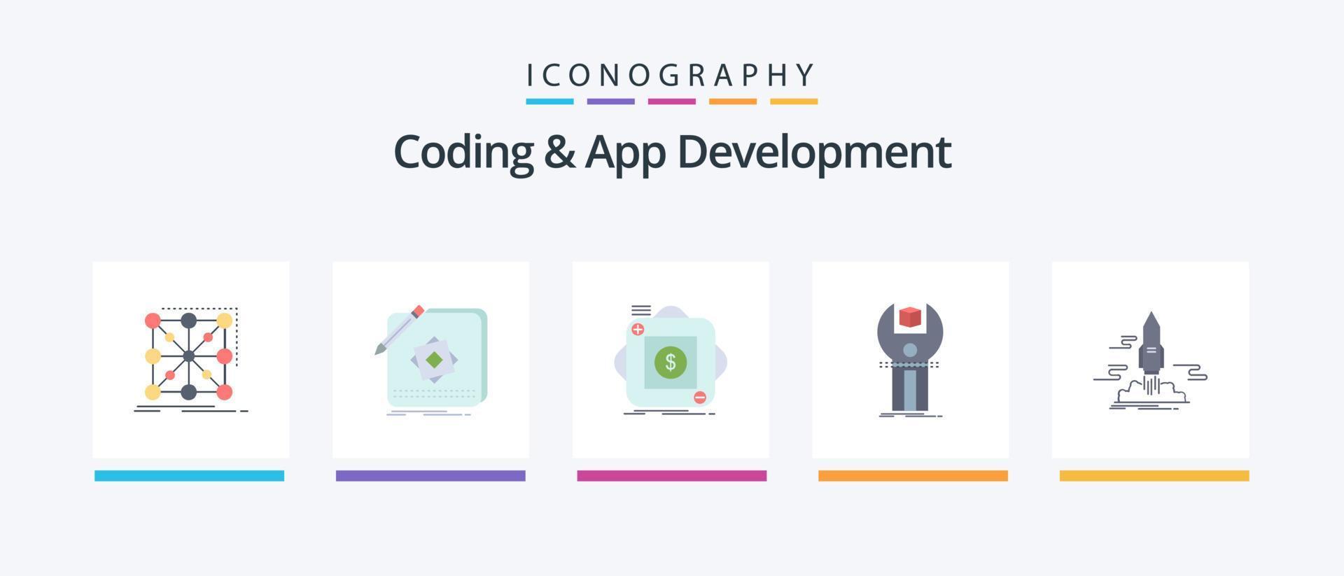 paquete de iconos flat 5 de codificación y desarrollo de aplicaciones que incluye desarrollo. sdk. solicitud. móvil. aplicación diseño de iconos creativos vector