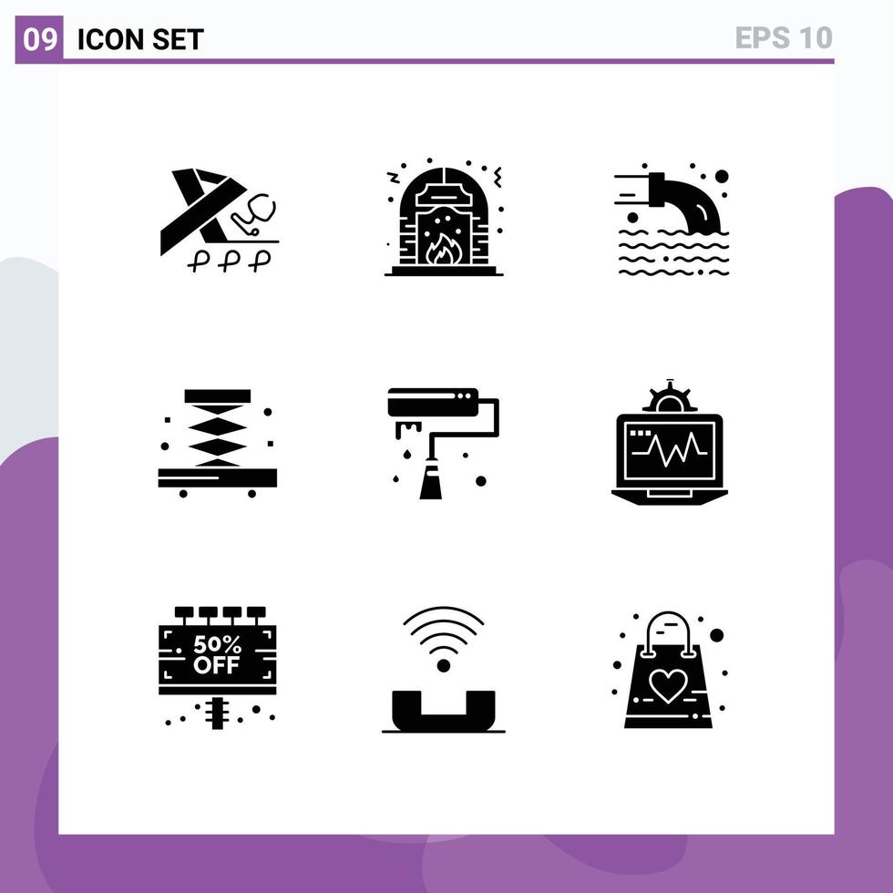 Universal Icon Symbols Group of 9 Modern Solid Glyphs of brush tools place industry sewage Editable Vector Design Elements