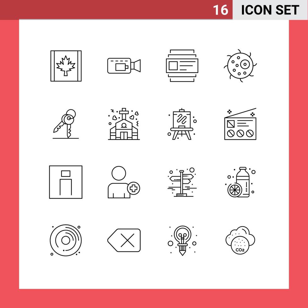 16 Universal Outline Signs Symbols of chapel security users keys plant Editable Vector Design Elements