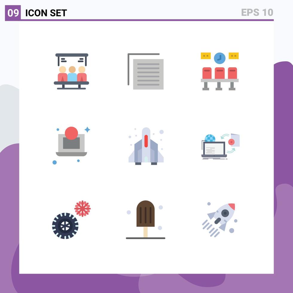 paquete de 9 signos y símbolos de colores planos modernos para medios de impresión web, como asientos de cohetes de juego, elementos de diseño de vectores editables para portátiles de dinero