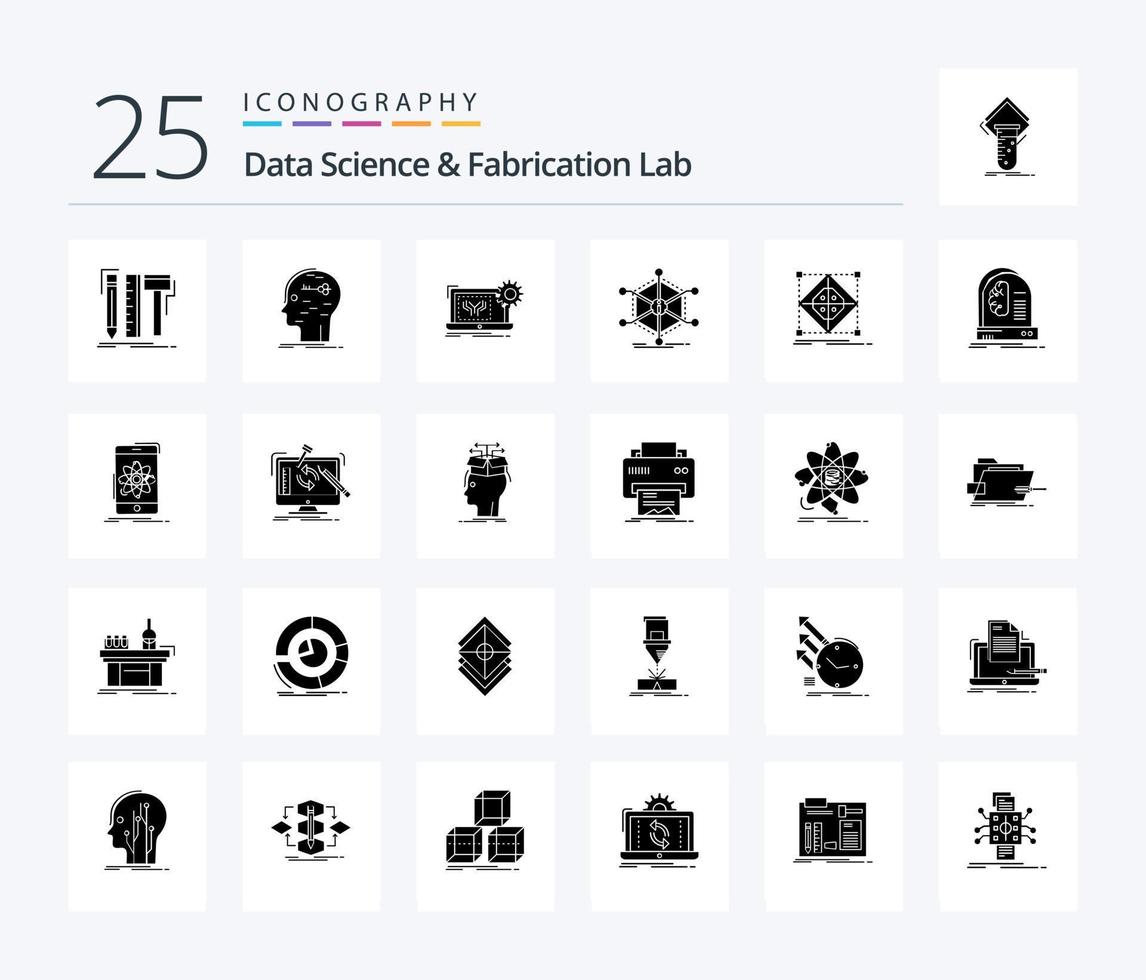 Data Science And Fabrication Lab 25 Solid Glyph icon pack including info. data. key. hardware. electronics vector