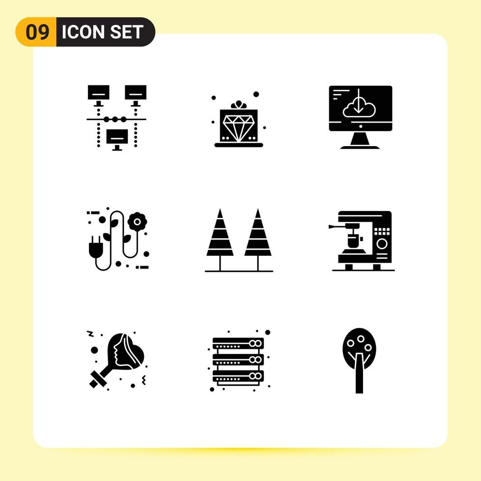Modern Set of 9 Solid Glyphs Pictograph of eco electrical plug cloud ecology installation Editable Vector Design Elements