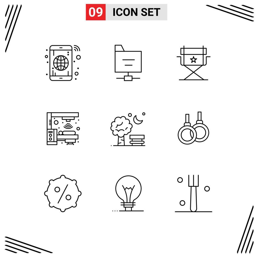 9 User Interface Outline Pack of modern Signs and Symbols of spring chair cinema bench radiation Editable Vector Design Elements