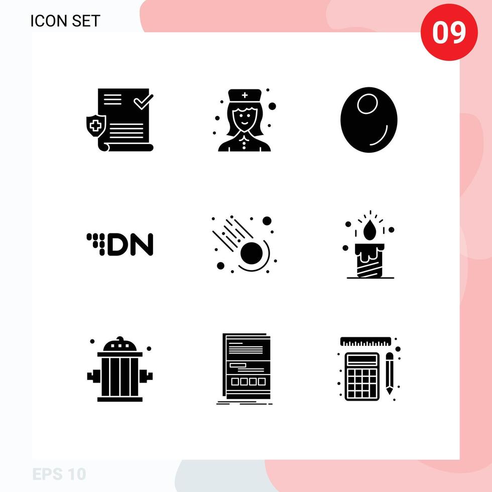 Editable Vector Line Pack of 9 Simple Solid Glyphs of science comet olive crypto currency coin Editable Vector Design Elements
