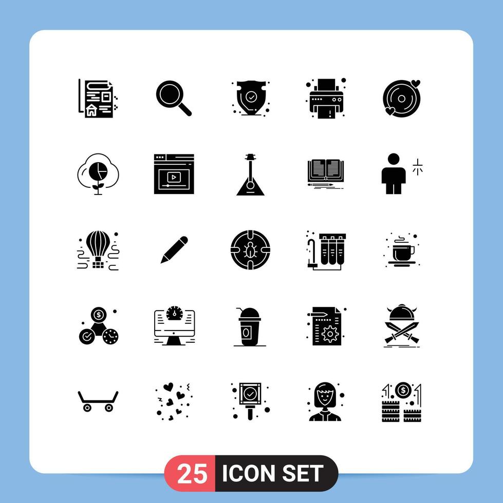 Mobile Interface Solid Glyph Set of 25 Pictograms of heart disk shield printer device Editable Vector Design Elements