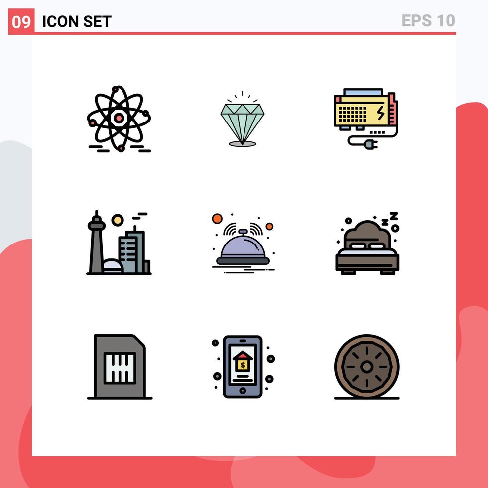 Set of 9 Modern UI Icons Symbols Signs for bell famous city battery city building Editable Vector Design Elements