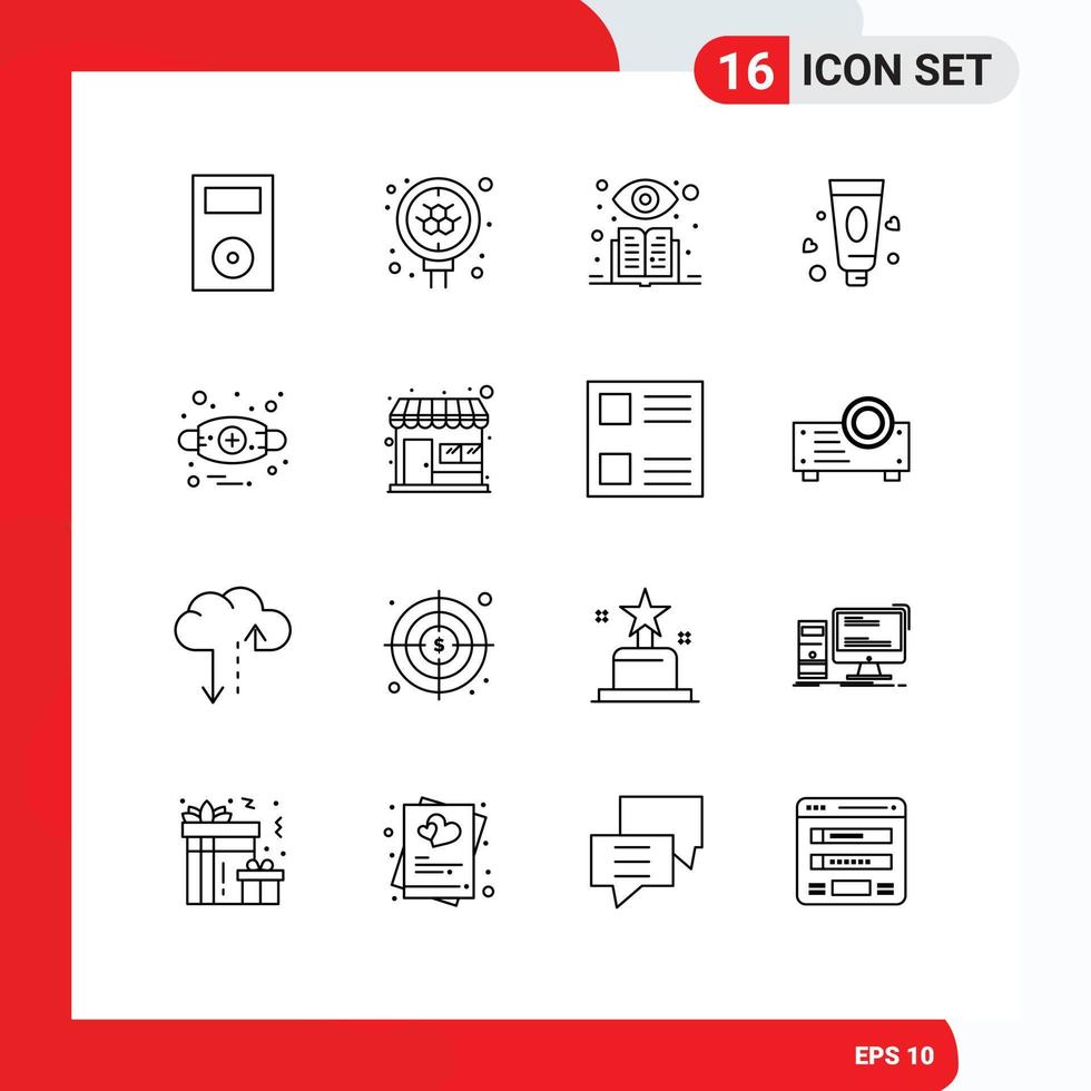 Pack of 16 Modern Outlines Signs and Symbols for Web Print Media such as anaphylaxis allergies search toothpaste cream Editable Vector Design Elements