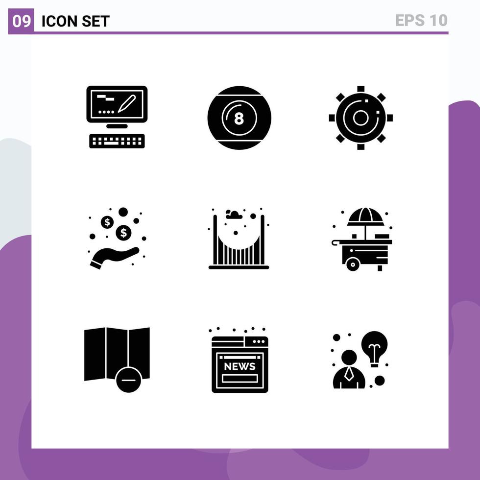 Pack of 9 creative Solid Glyphs of bridge money engine income search Editable Vector Design Elements